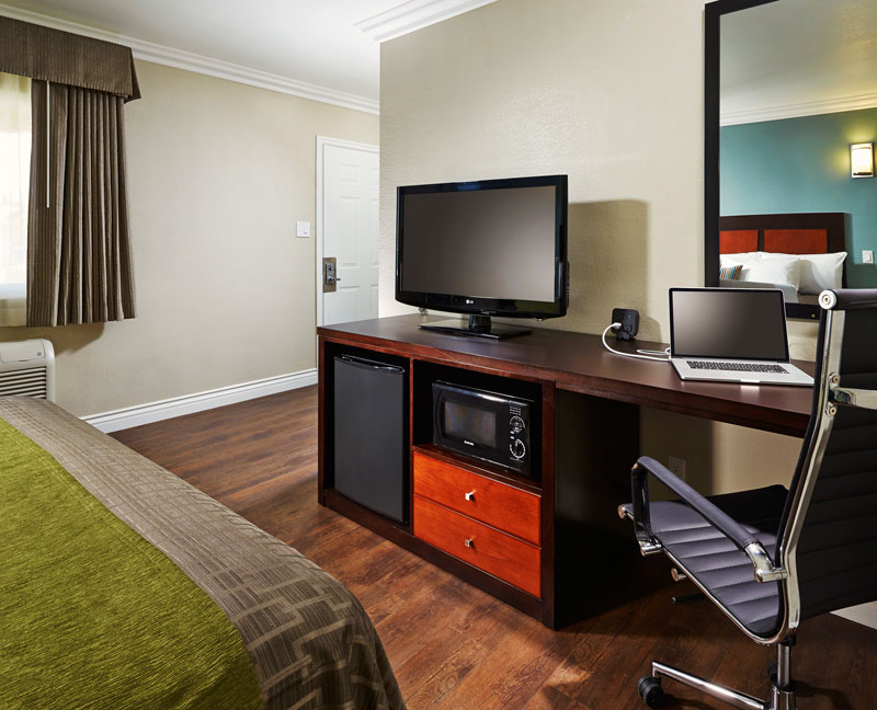 hotel room desk and entainment center